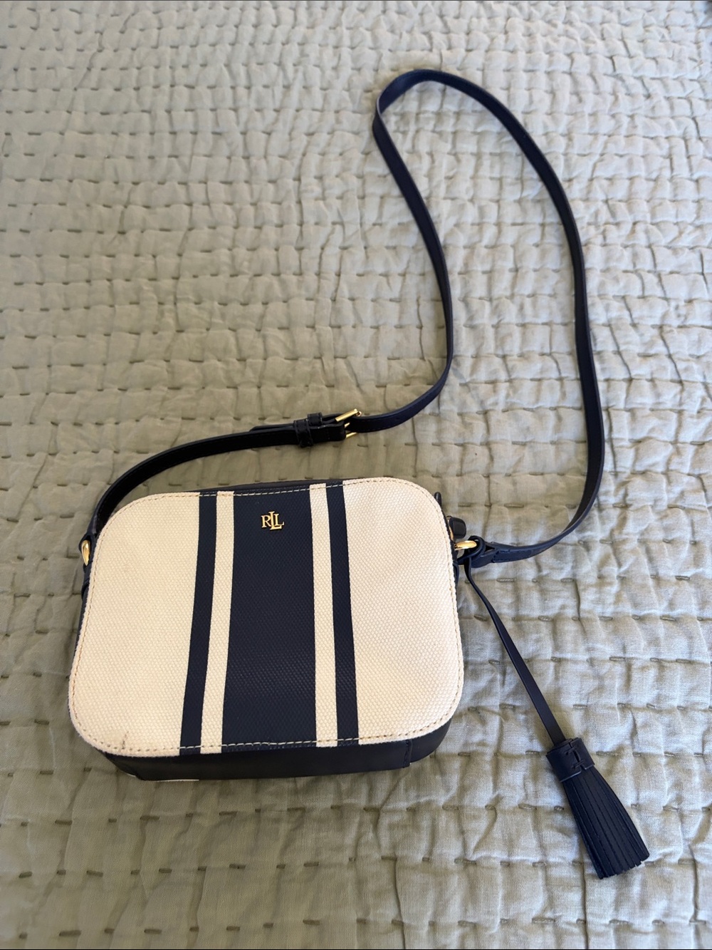 Ralph Lauren Navy and White Striped Crossbody Camera Bag